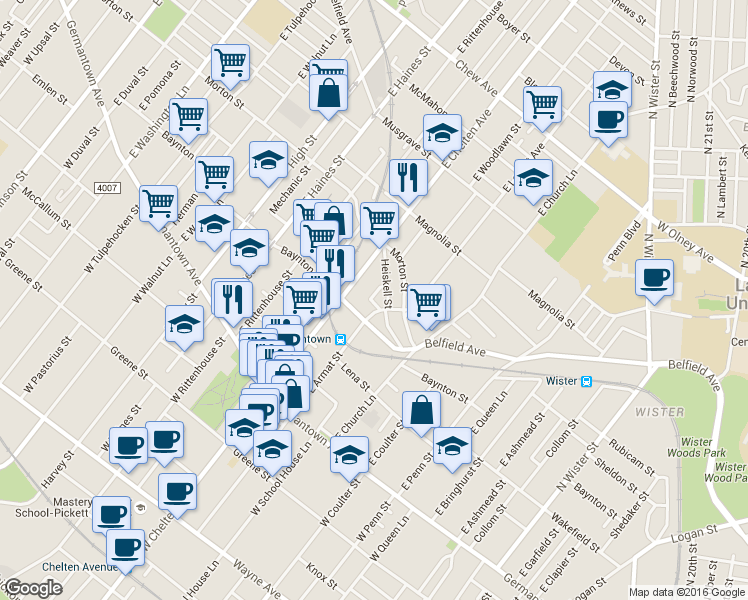 map of restaurants, bars, coffee shops, grocery stores, and more near 5645 Heiskell Street in Philadelphia