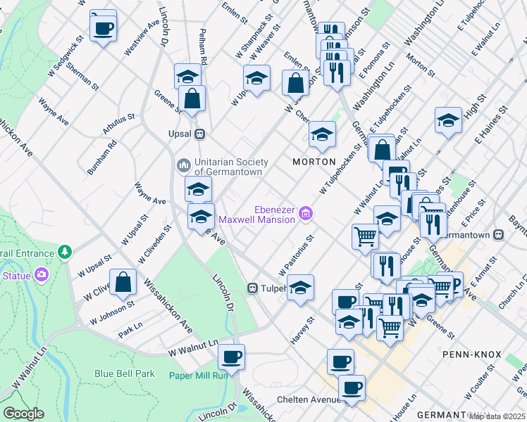 map of restaurants, bars, coffee shops, grocery stores, and more near 6334 Greene Street in Philadelphia