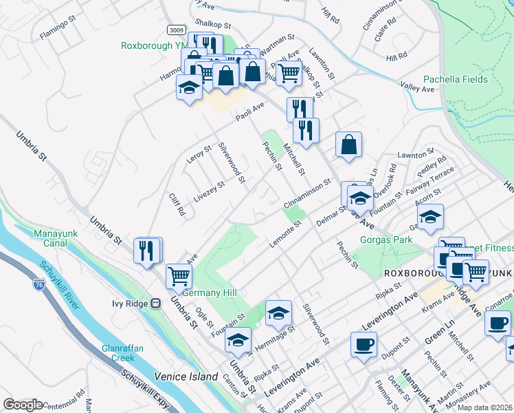 map of restaurants, bars, coffee shops, grocery stores, and more near 302 Ginger Lane in Philadelphia