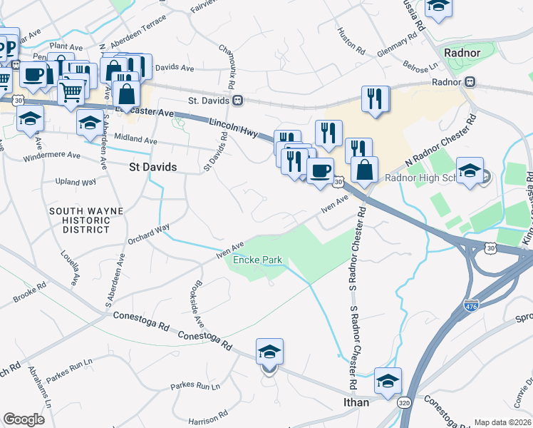 map of restaurants, bars, coffee shops, grocery stores, and more near 290 Iven Avenue in Wayne