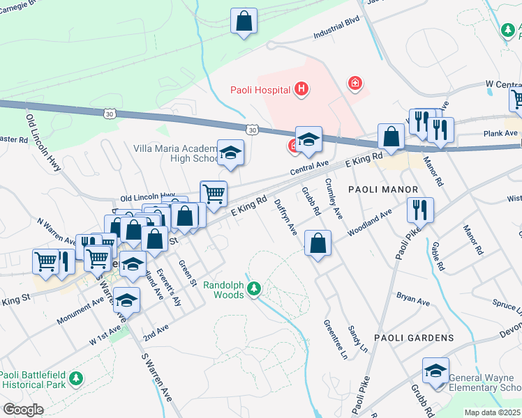 map of restaurants, bars, coffee shops, grocery stores, and more near 468 East King Road in Malvern
