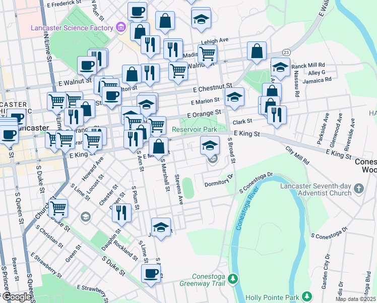 map of restaurants, bars, coffee shops, grocery stores, and more near 648 East King Street in Lancaster