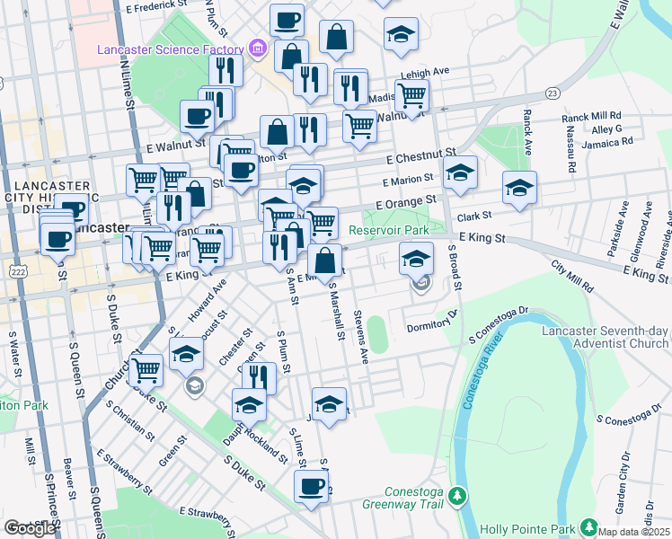 map of restaurants, bars, coffee shops, grocery stores, and more near 606 East King Street in Lancaster