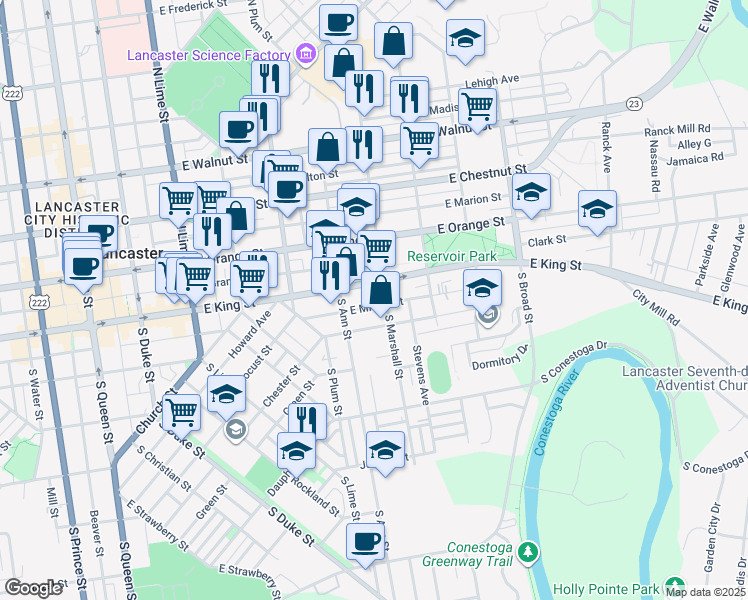 map of restaurants, bars, coffee shops, grocery stores, and more near 606 East King Street in Lancaster