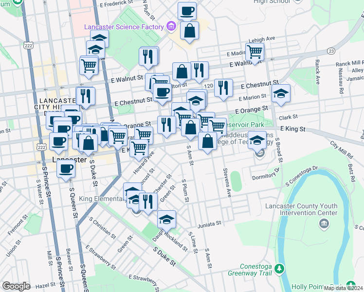 map of restaurants, bars, coffee shops, grocery stores, and more near 439 East King Street in Lancaster