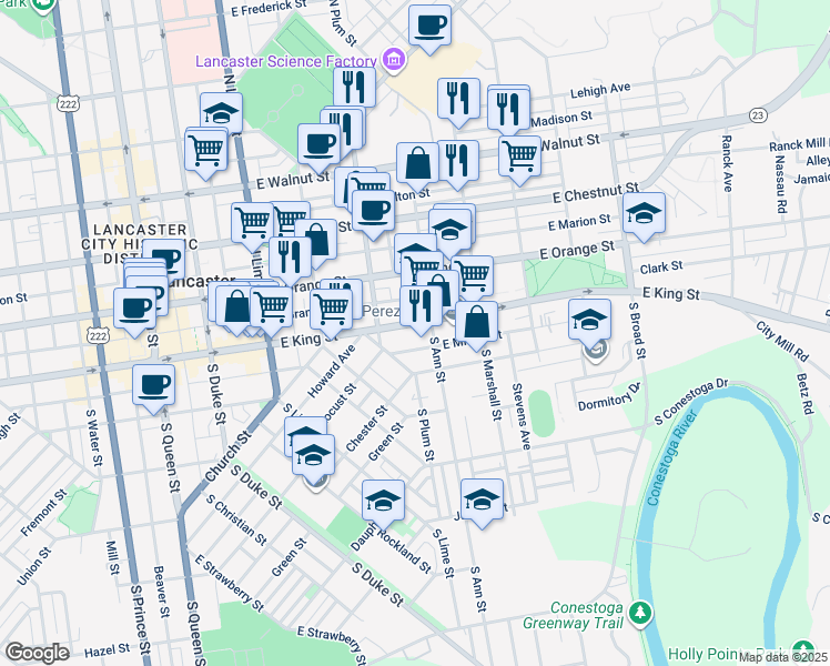 map of restaurants, bars, coffee shops, grocery stores, and more near 439 East King Street in Lancaster