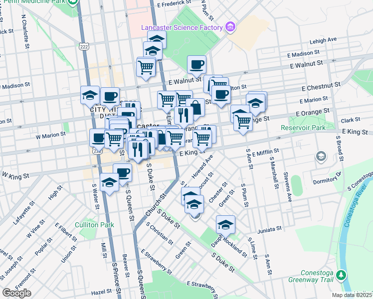 map of restaurants, bars, coffee shops, grocery stores, and more near 225 East Grant Street in Lancaster