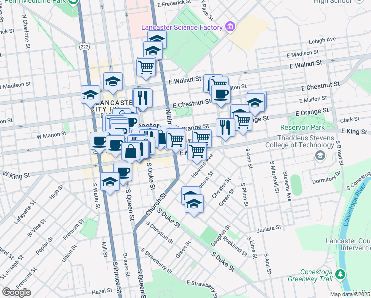 map of restaurants, bars, coffee shops, grocery stores, and more near 225 East Grant Street in Lancaster