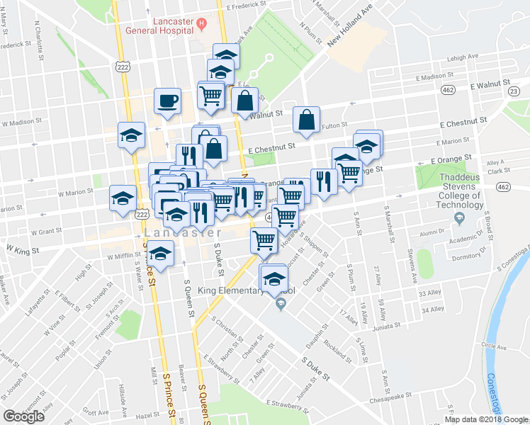 map of restaurants, bars, coffee shops, grocery stores, and more near 225 East Grant Street in Lancaster