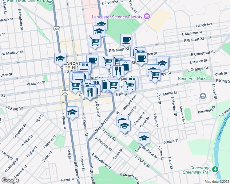 map of restaurants, bars, coffee shops, grocery stores, and more near 225 East Grant Street in Lancaster