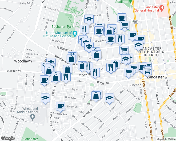 map of restaurants, bars, coffee shops, grocery stores, and more near 624 West Chestnut Street in Lancaster