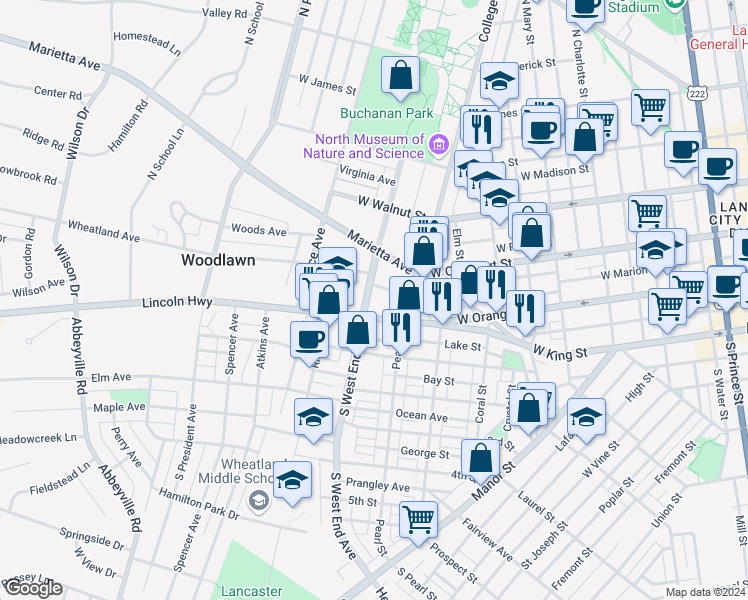 map of restaurants, bars, coffee shops, grocery stores, and more near 49 North West End Avenue in Lancaster