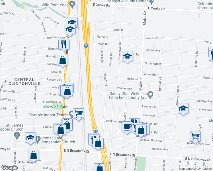 map of restaurants, bars, coffee shops, grocery stores, and more near 3617 Beulah Road in Columbus