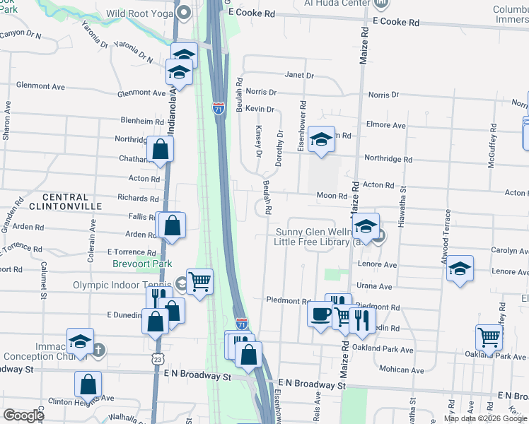 map of restaurants, bars, coffee shops, grocery stores, and more near 3655 Beulah Circle in Columbus