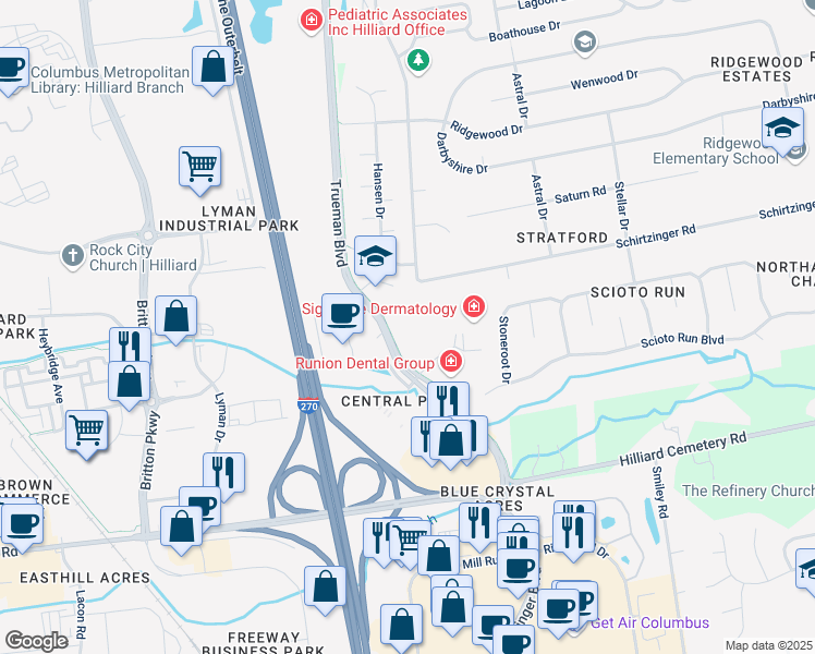 map of restaurants, bars, coffee shops, grocery stores, and more near 4160 Trueman Boulevard in Hilliard