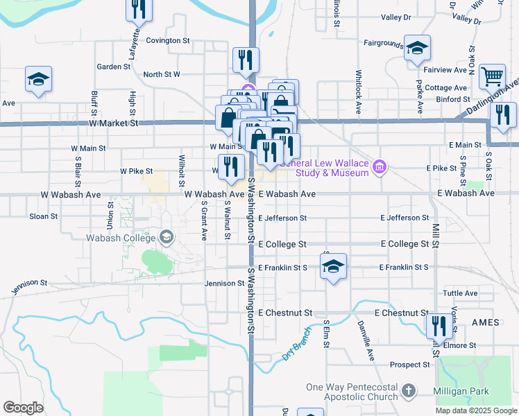 map of restaurants, bars, coffee shops, grocery stores, and more near 222 South Washington Street in Crawfordsville