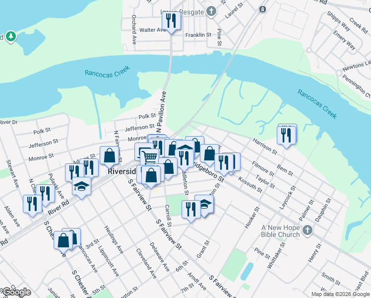 map of restaurants, bars, coffee shops, grocery stores, and more near 123 Kossuth Street in Riverside