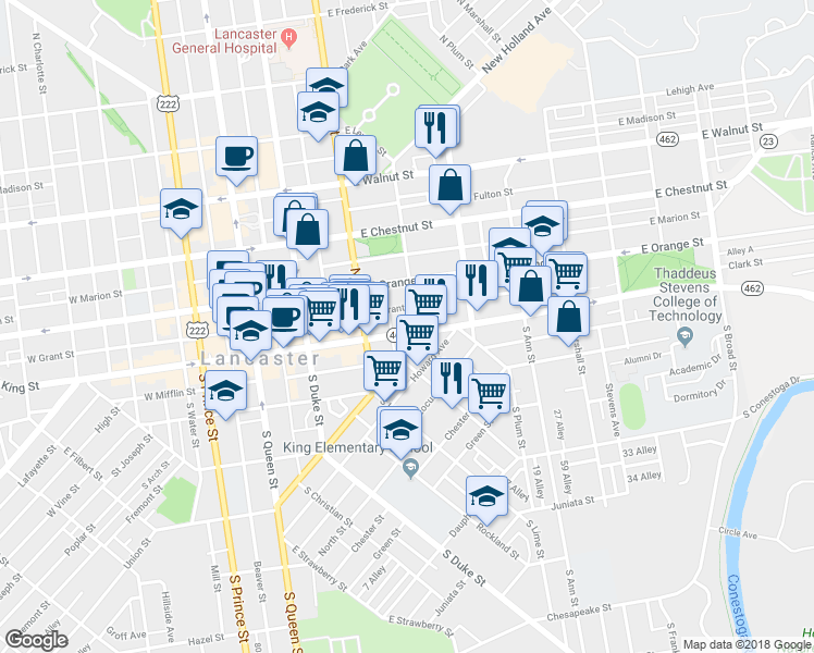map of restaurants, bars, coffee shops, grocery stores, and more near 239 East King Street in Lancaster