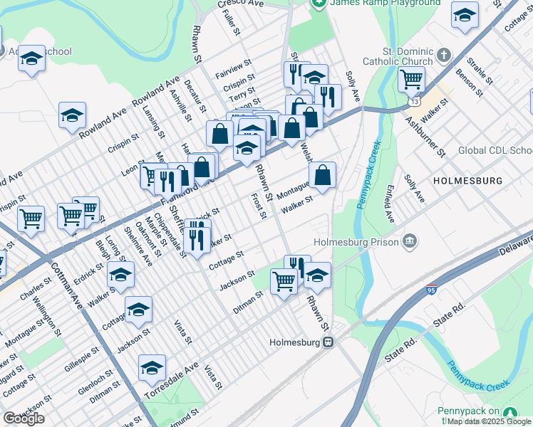 map of restaurants, bars, coffee shops, grocery stores, and more near 4247 Frost Street in Philadelphia
