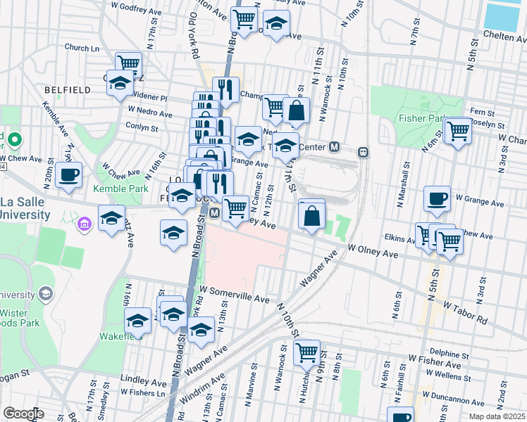 map of restaurants, bars, coffee shops, grocery stores, and more near 5618 North 12th Street in Philadelphia