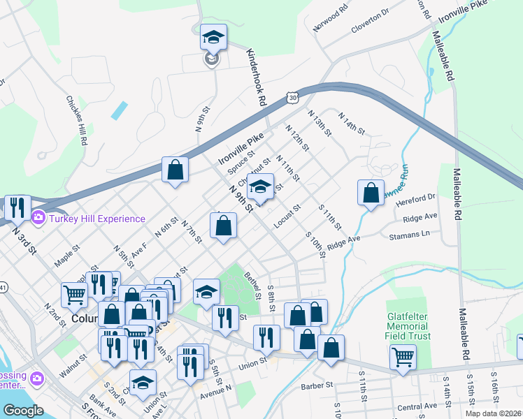 map of restaurants, bars, coffee shops, grocery stores, and more near 45 North 9th Street in Columbia