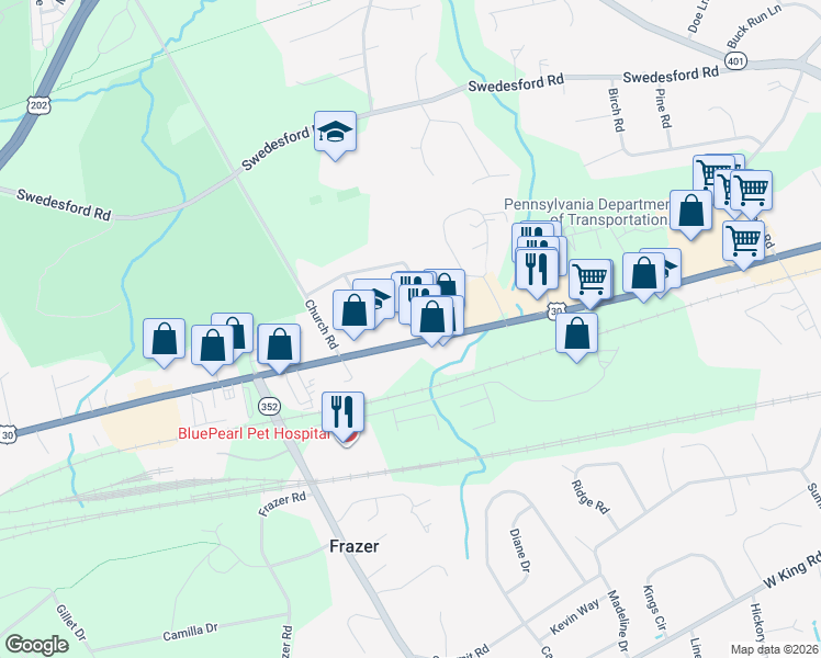 map of restaurants, bars, coffee shops, grocery stores, and more near 8 Beechwood Avenue in Malvern