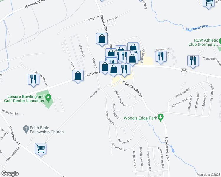 map of restaurants, bars, coffee shops, grocery stores, and more near 109 Pine Bridge Ln in Lancaster
