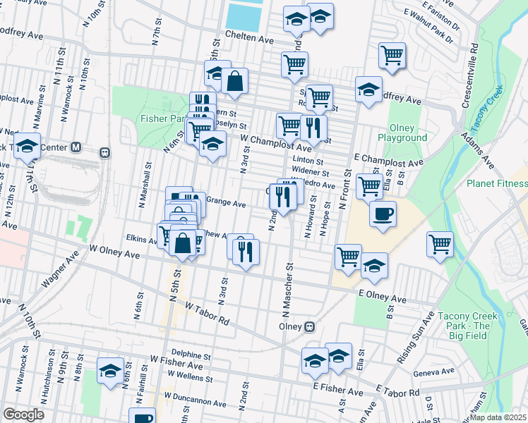 map of restaurants, bars, coffee shops, grocery stores, and more near 218 West Grange Avenue in Philadelphia