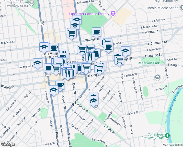 map of restaurants, bars, coffee shops, grocery stores, and more near 225 East King Street in Lancaster