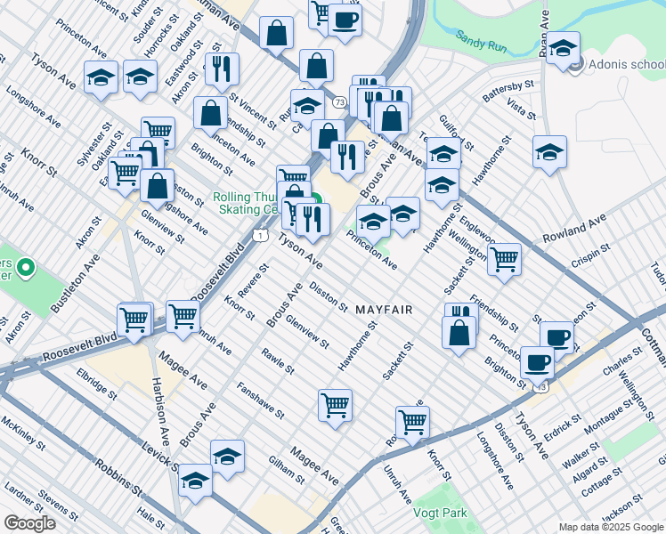 map of restaurants, bars, coffee shops, grocery stores, and more near 2921 Tyson Avenue in Philadelphia