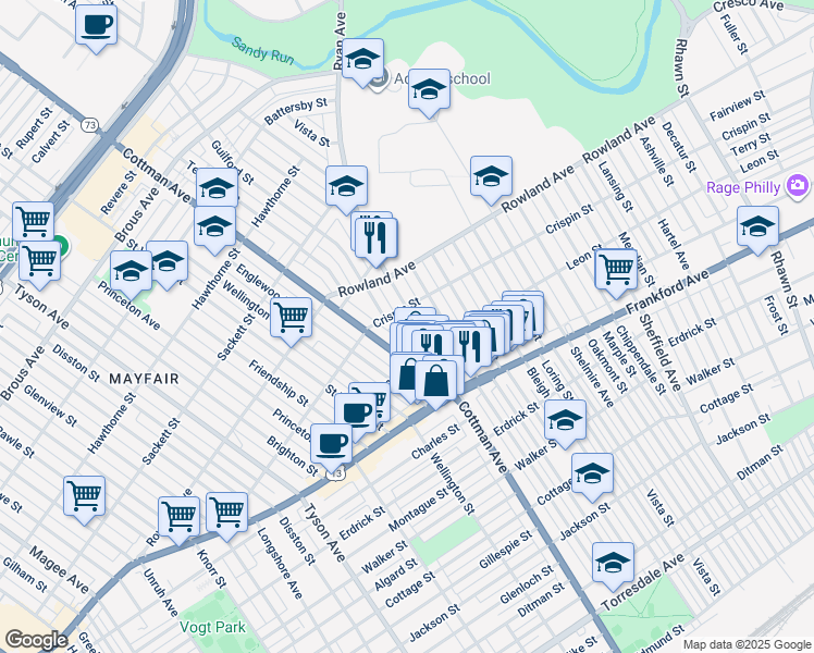 map of restaurants, bars, coffee shops, grocery stores, and more near 3418 Ryan Avenue in Philadelphia