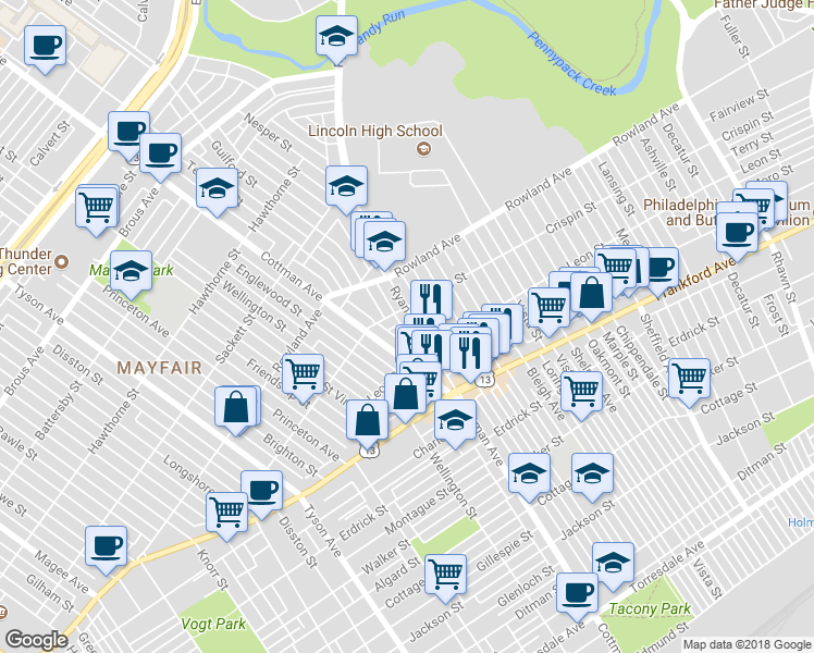 map of restaurants, bars, coffee shops, grocery stores, and more near 3418 Ryan Avenue in Philadelphia