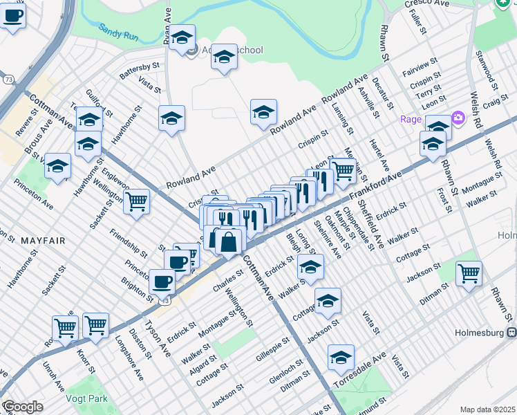 map of restaurants, bars, coffee shops, grocery stores, and more near 3507 Tudor Street in Philadelphia