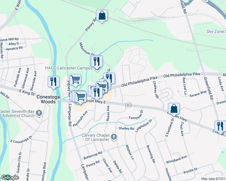 map of restaurants, bars, coffee shops, grocery stores, and more near 1666 Old Philadelphia Pike in Lancaster