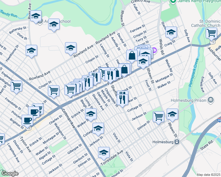 map of restaurants, bars, coffee shops, grocery stores, and more near 4022 Sheffield Avenue in Philadelphia