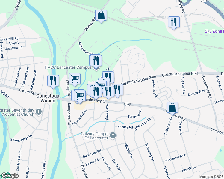 map of restaurants, bars, coffee shops, grocery stores, and more near 1666 Old Philadelphia Pike in Lancaster