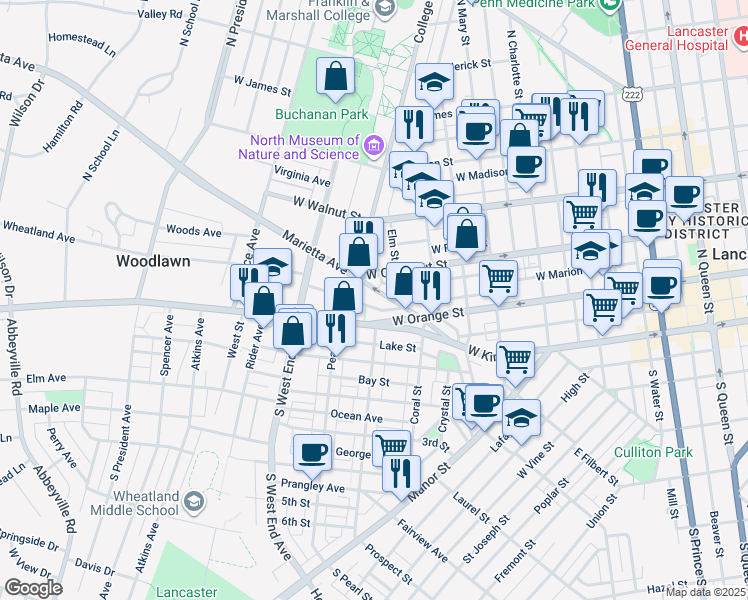map of restaurants, bars, coffee shops, grocery stores, and more near 756 Marietta Avenue in Lancaster