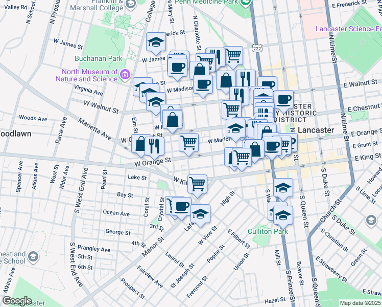 map of restaurants, bars, coffee shops, grocery stores, and more near 443 West Orange Street in Lancaster