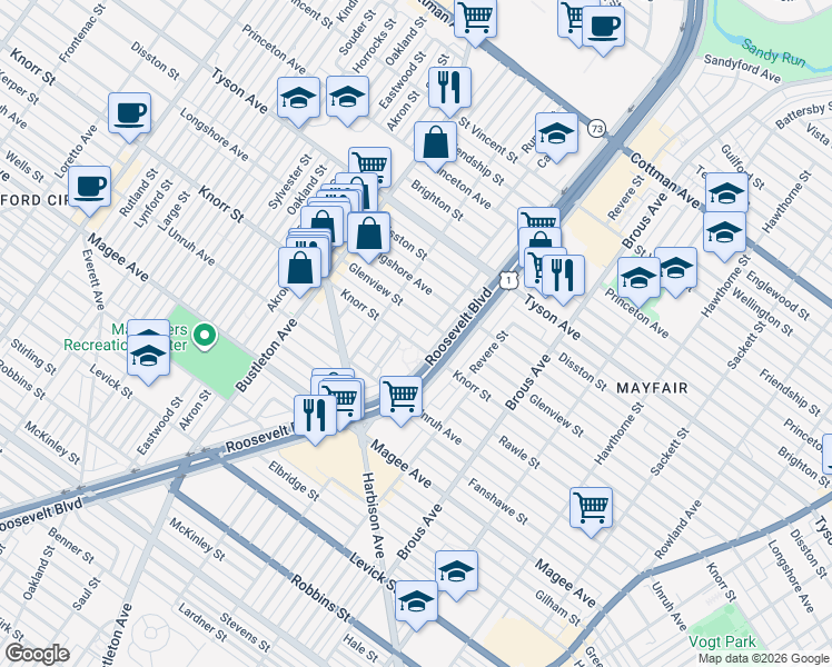 map of restaurants, bars, coffee shops, grocery stores, and more near 2235 Glenview Street in Philadelphia