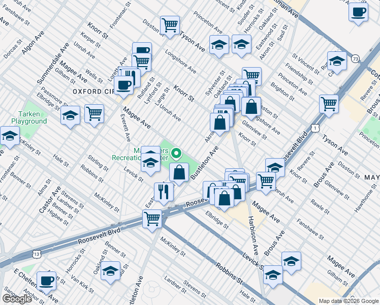 map of restaurants, bars, coffee shops, grocery stores, and more near 6626 Eastwood Street in Philadelphia