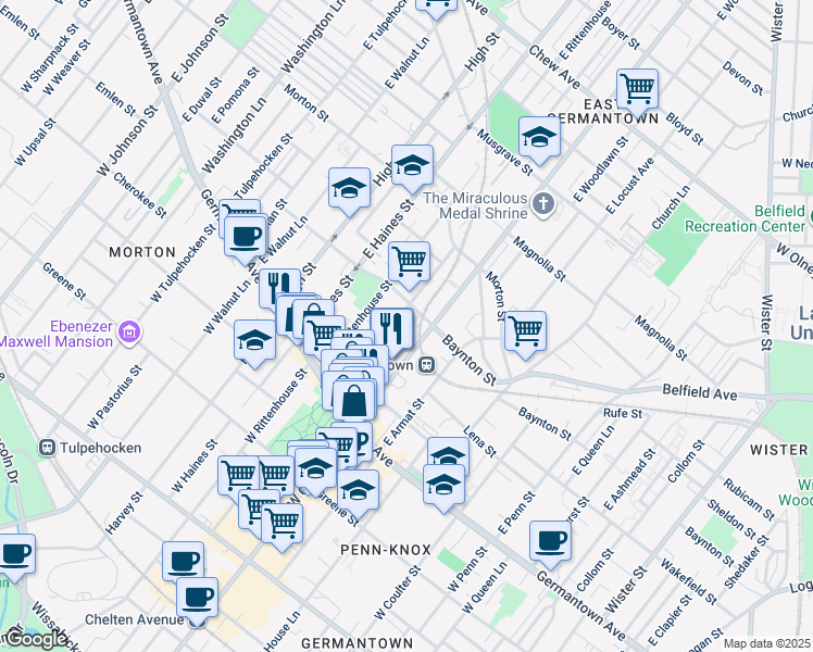 map of restaurants, bars, coffee shops, grocery stores, and more near 177 East Stafford Street in Philadelphia
