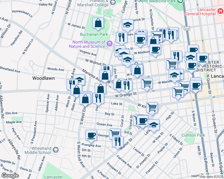 map of restaurants, bars, coffee shops, grocery stores, and more near 748 Marietta Avenue in Lancaster