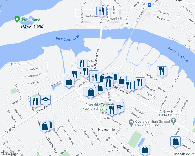 map of restaurants, bars, coffee shops, grocery stores, and more near 14 Zurbrugg Way in Riverside