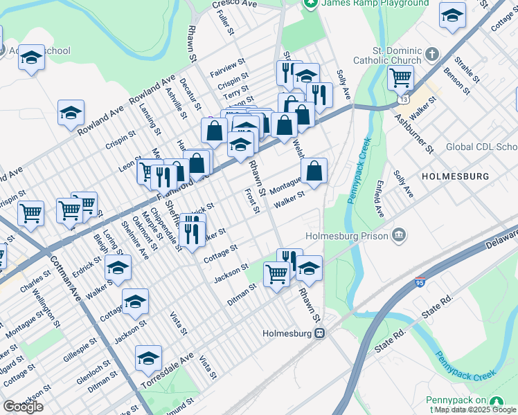 map of restaurants, bars, coffee shops, grocery stores, and more near 4247 Frost Street in Philadelphia