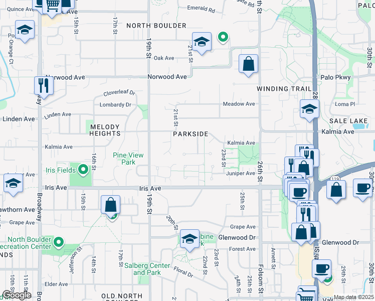 map of restaurants, bars, coffee shops, grocery stores, and more near 2126 Kalmia Circle in Boulder