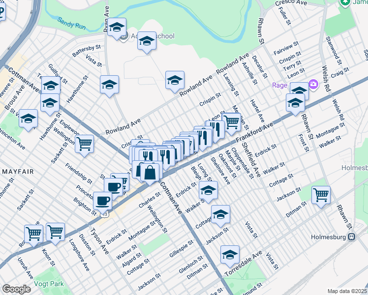 map of restaurants, bars, coffee shops, grocery stores, and more near 3527 Bleigh Avenue in Philadelphia