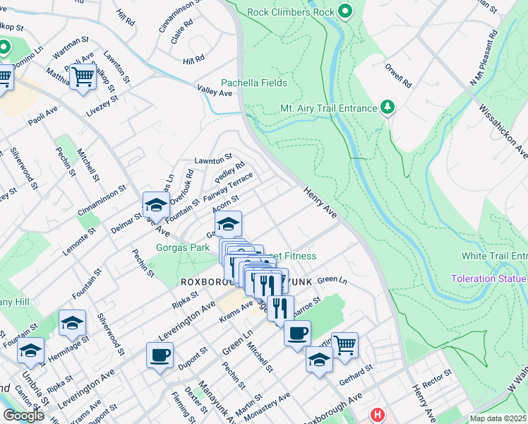 map of restaurants, bars, coffee shops, grocery stores, and more near 575 Gates Street in Philadelphia