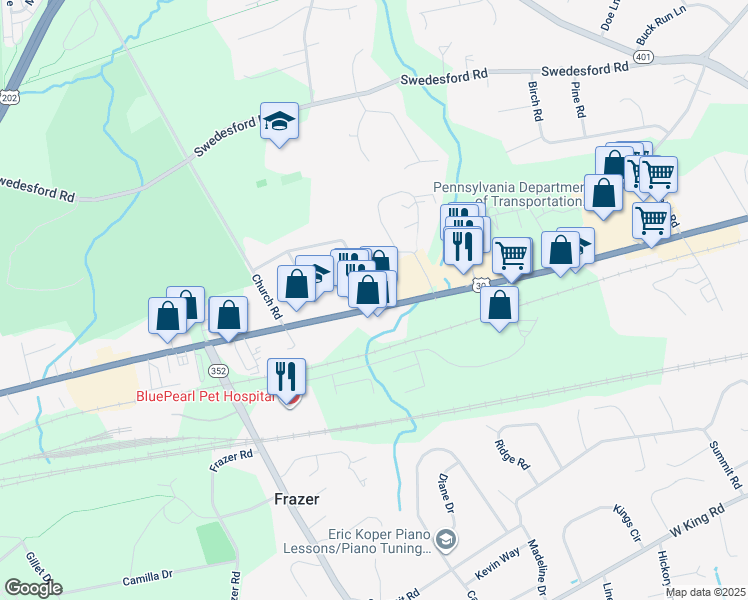 map of restaurants, bars, coffee shops, grocery stores, and more near 353 Lancaster Avenue in Malvern