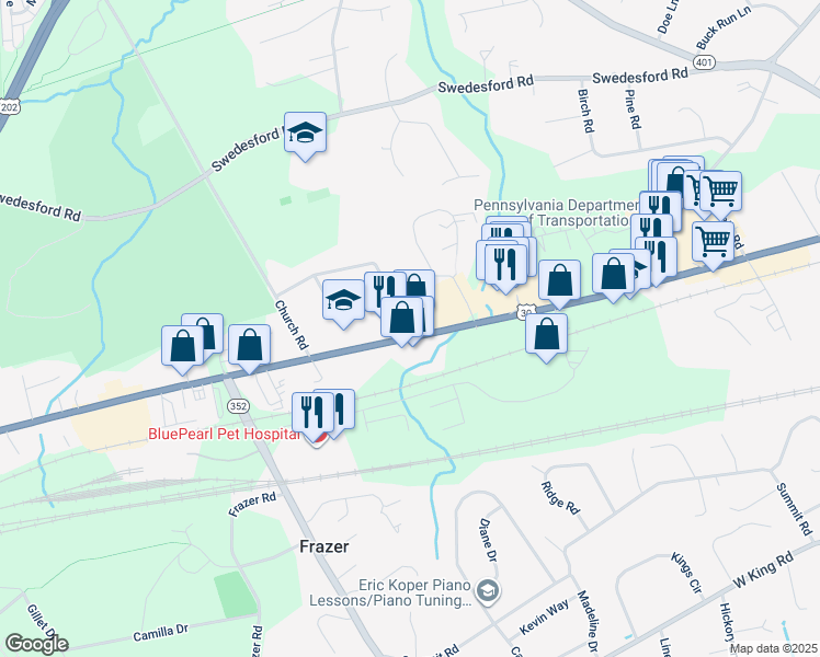 map of restaurants, bars, coffee shops, grocery stores, and more near 353 Lancaster Avenue in Malvern