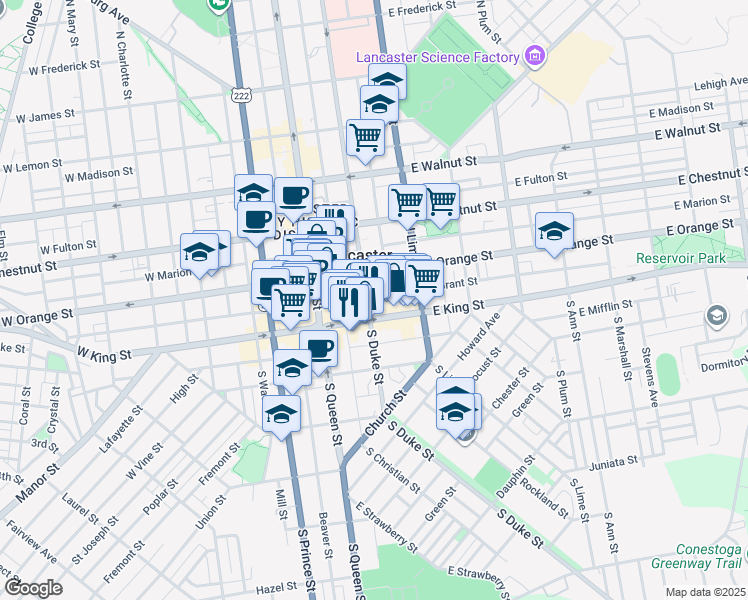 map of restaurants, bars, coffee shops, grocery stores, and more near 25 North Duke Street in Lancaster